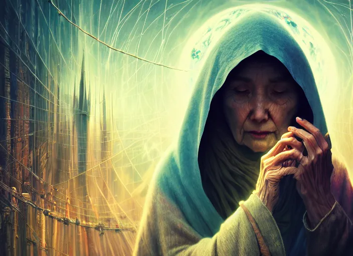 Image similar to old hooded woman weaving the strings of the multiverse, epic scene, dramatic, multiverse, highly detailed, high quality, 8 k, 4 k, octane render, digital painting, alena aenami, lilia alvarado, shinji aramaki, karol bak, alphonse mucha, tom bagshaw