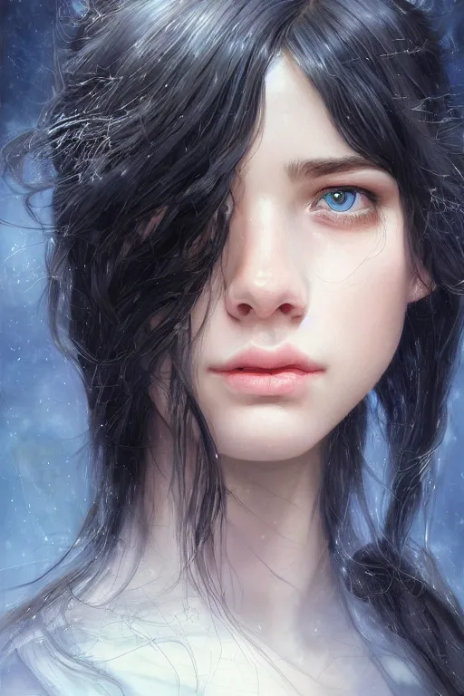 Image similar to portrait of teenage girl with long glossy black hair, blue eyes, glowing skin, fashion model features, fantasy, hogwarts student uniform, intricate, elegant, black dress, highly detailed, digital painting, artstation, concept art, smooth, sharp focus, illustration, art by Krenz Cushart and Artem Demura and alphonse mucha