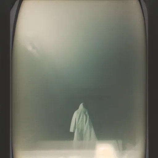 Image similar to you are lost in the backrooms, ghost, polaroid, laminal space, foggy