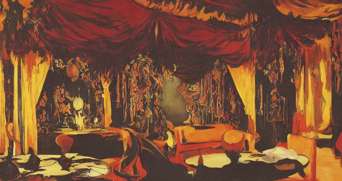 Prompt: a detailed oil painting of a dark exotic hall rich decorated fancy, pillar, ominous,, vibrant dark curtains velours, cutlery, extra wide shot by nicholas roerich, by gustave moreau, by frank frazetta, by hans emmenegger, by eyvind earle, moisture, grainy, highly detailed, realistic, outline!!!!!, line,