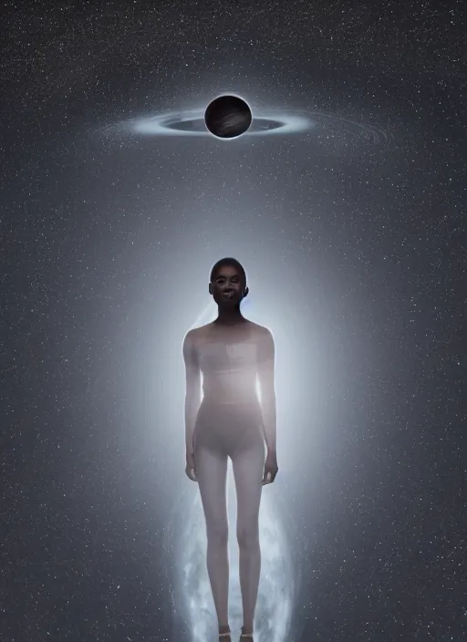 Prompt: symmetry!! a 2 8 mm macro photo of a beautiful young black woman standing in front of a ringed planet with rings in space. cute - fine - face, pretty face, realistic shaded perfect face, dark, concept art, cinematic, dramatic, atmospheric, 8 k, trending on artstation, haze, low visibility, fog, christopher nolan, interstellar