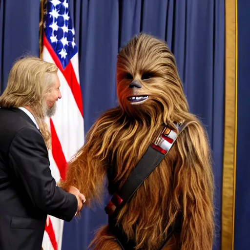 Prompt: high quality photo of chewbacca meeting the president of the united states of america , realism, 8k, award winning photo