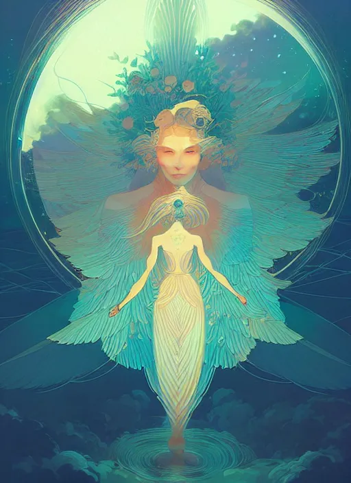 Image similar to an angel of the dawn light, in the heavens by victo ngai, peter mohrbacher digital art