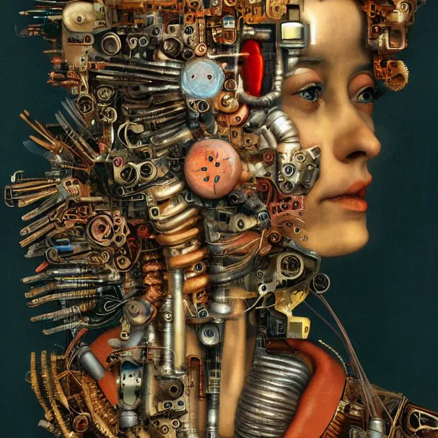 Prompt: profile portrait of a woman, computer parts, mechanical parts, by giuseppe arcimboldo, cyberpunk, futuristic, psychedelic, surreal, sci - fi, dreamlike.