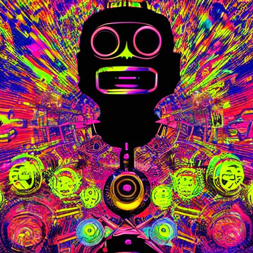 Image similar to mockup of a black tshirt with a hyperdetailed portrait of a steampunk robot on lsd, 8 k, symetrical, flourescent colors, trippy mood, multicolored,