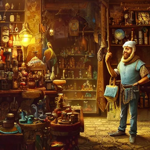 Image similar to A Anthropomorphized parrot trader in his shop, selling his wares, portrait, items, gold, carpet, window, sly expression, cunning expression, D&D, fantasy, intricate, cinematic lighting, highly detailed, digital painting, artstation, concept art, smooth, sharp focus, illustration, art by Greg Rutkowski