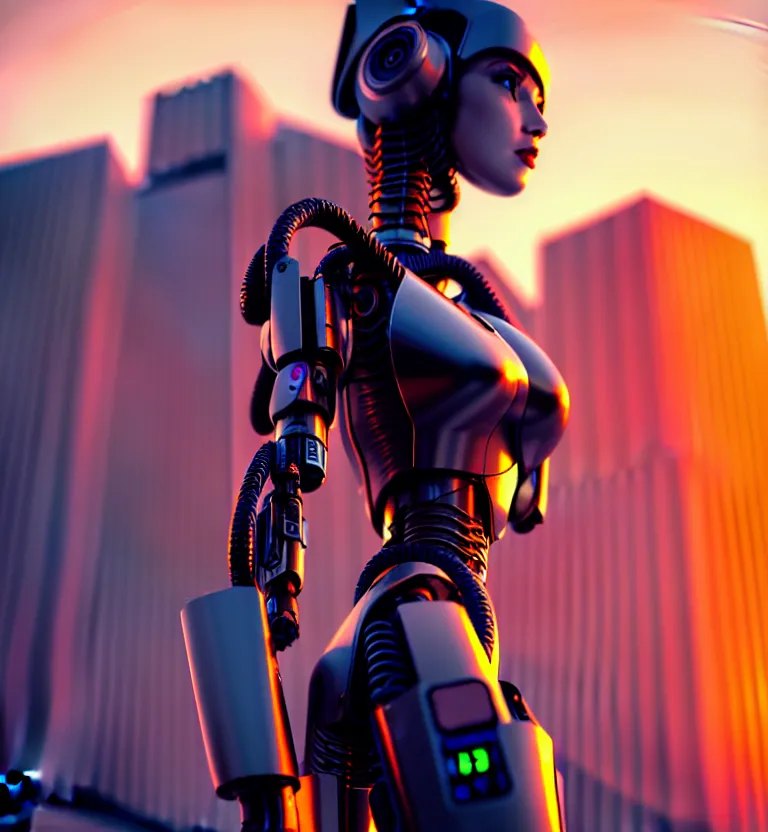 Image similar to a photo close up cyberpunk half robot half girl stands in a cyberpunk hiroshima, prefecture streets, sunset, photorealistic, cinematic lighting, very detailed, style by tomino - sama