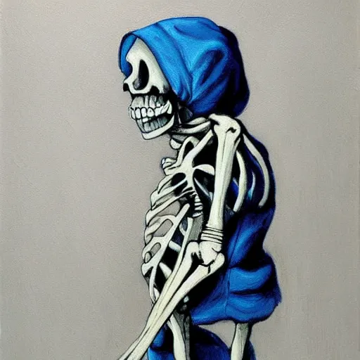 Prompt: skeleton wearing blue puffy old jacket, classic painting, dark, mystical