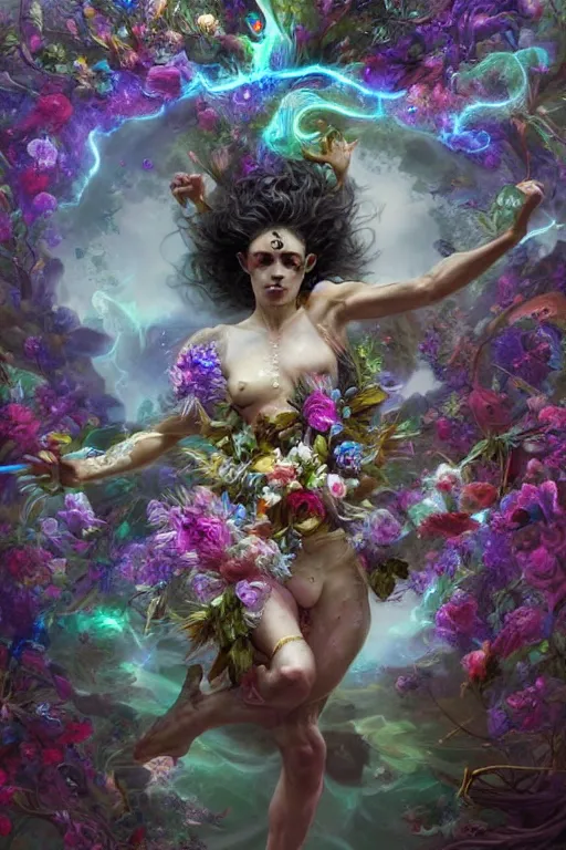 Image similar to beautiful model god of psychedelics dancing in a vortex made of flowers, diamonds, angel, fantasy, dramatic lighting, highly detailed, digital painting, holding electricity, magic the gathering, hyper detailed, 3 d render, hyper realistic detailed portrait, peter mohrbacher, wlop, ruan jia