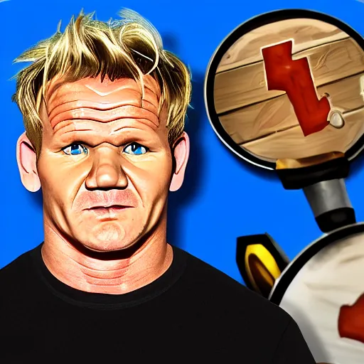 Image similar to Gordon Ramsay as a character in the game League of Legends, with a background based on the game League of Legends, detailed face