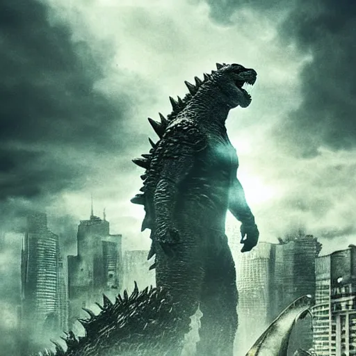Prompt: Liam Neeson versus Godzilla, post-apocalyptic, hulking, close up, urban background, highly detailed, artstation, movie poster, sharp focus, illustration, art by artgerm and greg rutkowski