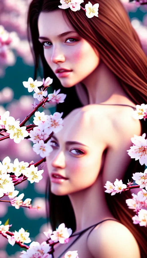 Image similar to photo of a gorgeous young european female in the style of stefan kostic, realistic, half body shot, sharp focus, 8 k high definition, insanely detailed, intricate, elegant, art by stanley lau and artgerm, extreme blur cherry blossoms background