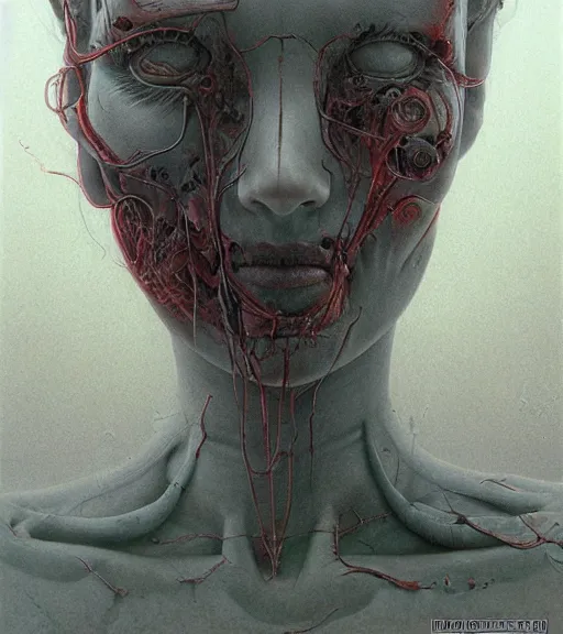 Image similar to portrait of girl melting with machine by wayne barlowe and zdislaw beksinski