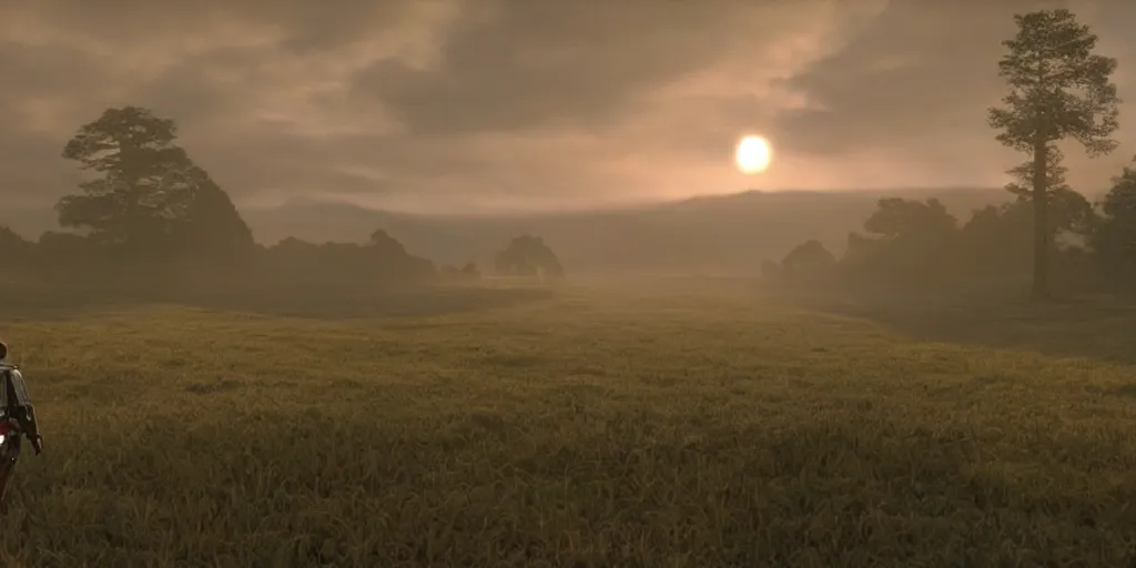 Image similar to still frame from the lost 1 9 9 6 workprint of star wars in tudor england, han solo, trees, hills, thick heavy fog, sunset, golden hour, blue hour, three suns, dramatic cloud filled sky, by quentin tarantino, stanley kubrick, gerald brom, greg rutkowski, photo realism, unreal engine, c 4 d ”