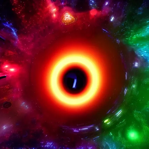 Image similar to glowing glorious 3D black hole in movie, intergalactic, space theme, galaxy colored, hyperdetailed, digital painting, trending on Artstation, cel-shading style, CG society, hyperdetailed, digital painting, hypermaximalist, golden ratio, volumetric, octane render, weta digital, micro details, 3d sculpture