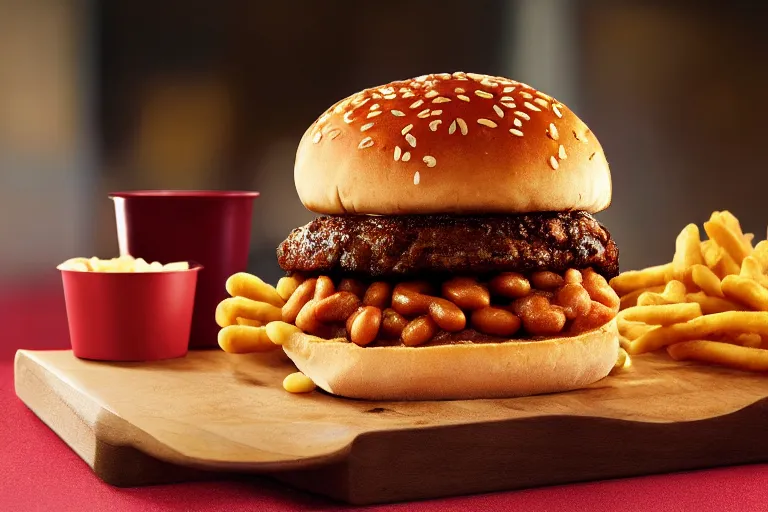 Image similar to mcdonalds baked beans burger, ( ( patty ) ), commercial photograph