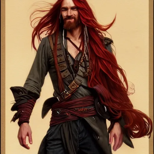 Image similar to portrait of a young ruggedly handsome but joyful pirate, male, masculine, upper body, red crimson crimson hair, long long flowing hair, fantasy, very smug smirk, intricate, elegant, highly detailed, digital painting, artstation, concept art, matte, sharp focus, illustration, art by artgerm and greg rutkowski and alphonse mucha