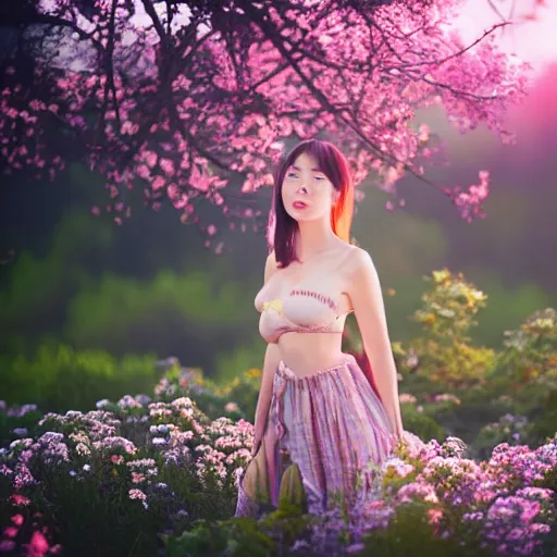 Prompt: buxom brunette beauty, dreamy, hazy, in an arboretum, dressed in flowers, smiling at the camera, sunset, macro, directed by a japanese studio