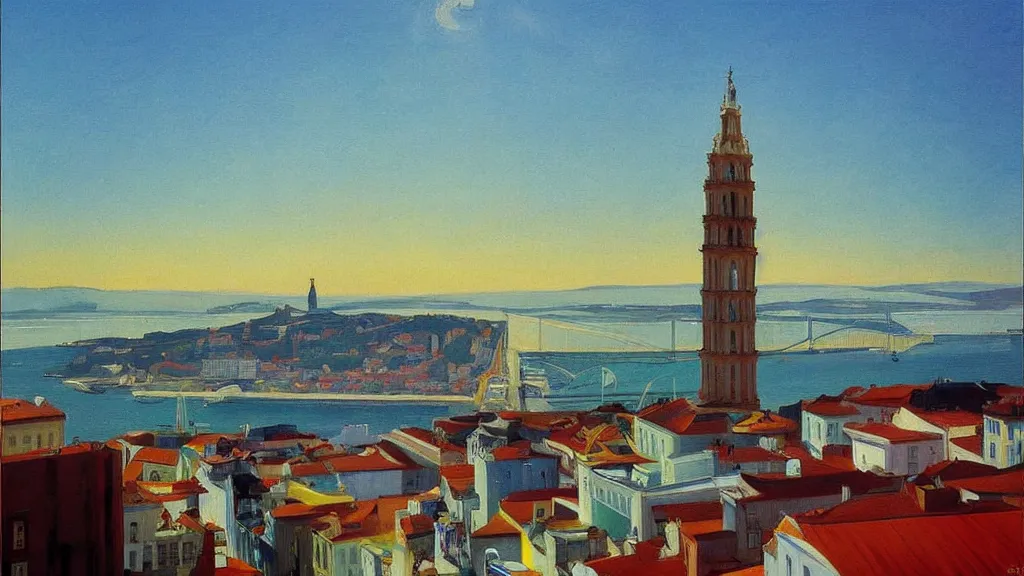 Prompt: Street art. paralyzed by the indescribable beauty of the cosmos. amazing view of the city of Lisbon. art style by Edward Hopper daring, incredible