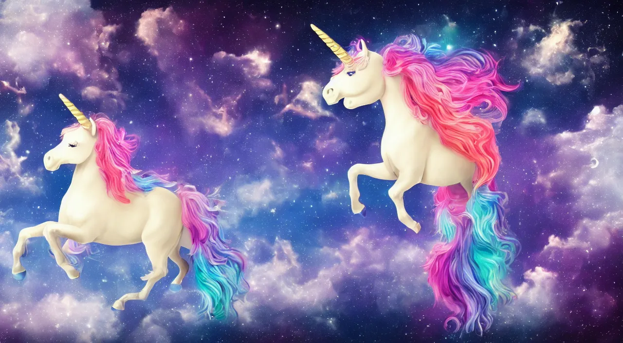 Prompt: a beautiful unicorn with wings flying in space