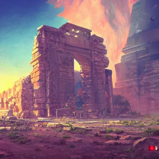 Image similar to ancient ruins in the desert,cyberpunk,retrowave art,trending on art station