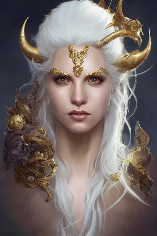 Image similar to fullbody!! beautiful woman with white hair, big natural horns on her head, gold jewellery, dnd, face, fantasy, intricate, elegant, highly detailed, digital painting, artstation, concept art, smooth, sharp focus, illustration, art by artgerm and greg rutkowski and alphonse mucha