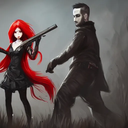 Image similar to a concept art of a boy and a girl with red hair holding a gun, gothic clothes, action shot, highly detailed, digital painting, artstation, concept art, smooth, sharp focus, illustration