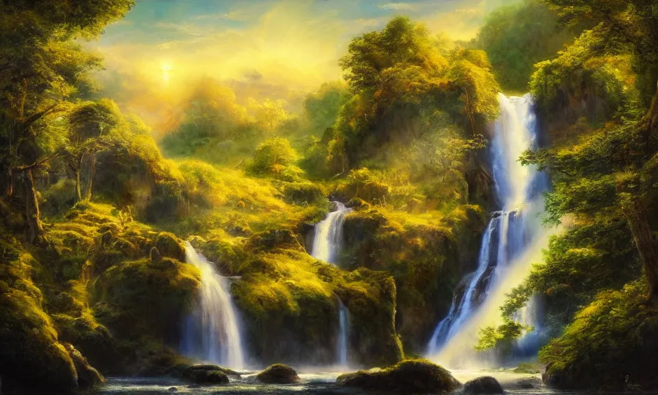 Image similar to the most beautiful panoramic landscape, oil painting, where a giant dreamy waterfall creates a river, the trees around are starting to bloom, shooting star, cinematic lighting, highly detailed, very realistic