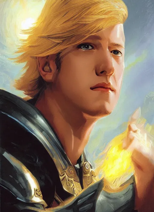 Image similar to portrait of young james spader with blond hair as a paladin, casting a protection spell, by bayard wu