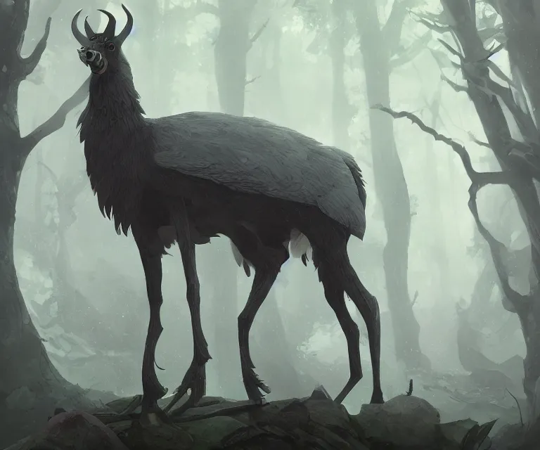 Prompt: a new animal inspired by horse and shoebill, digital art made by makoto shinkai, lois van baarle, greg rutkowski and jakub rebelka, highly detailed, symmetrical, extremely coherent, smooth, shaped focus, dystopian gray forest background