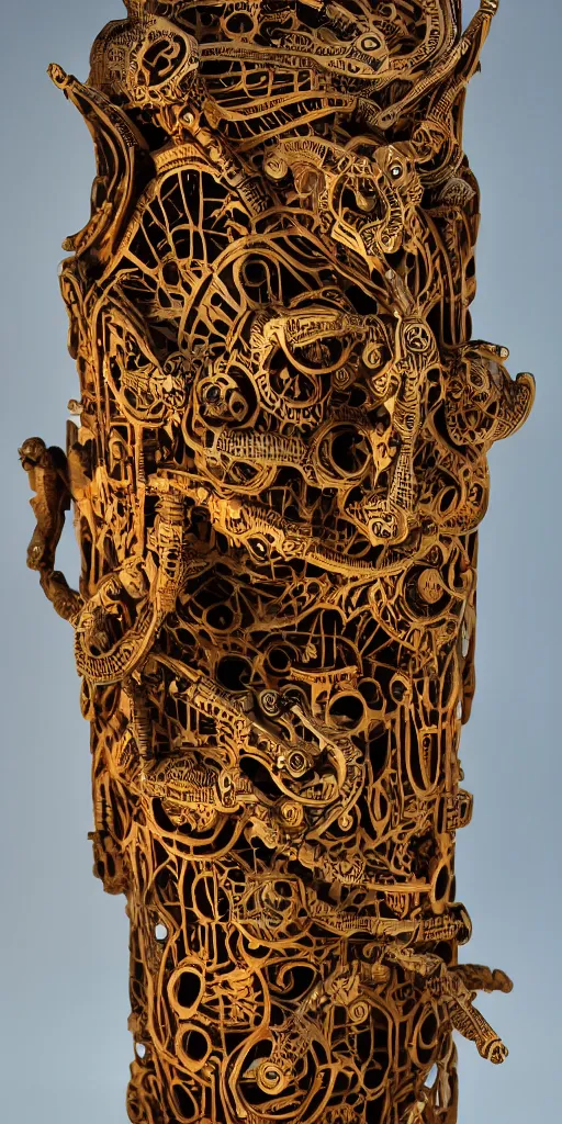 Prompt: animal fish machine sci - fi totem, carved from wood metal and translucent plastic, intricate details, tribal designs, cinematic, volumetric lighting