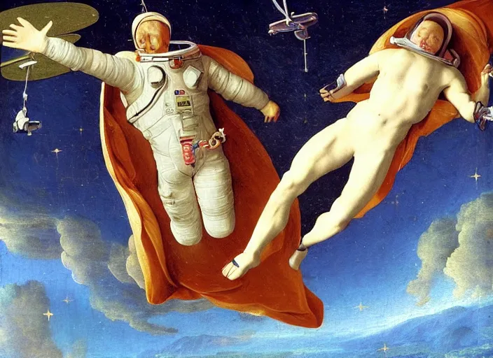 Image similar to an astronaut floating in space, in the style of a renaissance painting