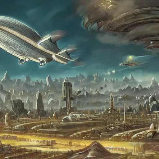Prompt: science fiction, fantasy, flying city surrounded by airships, concept