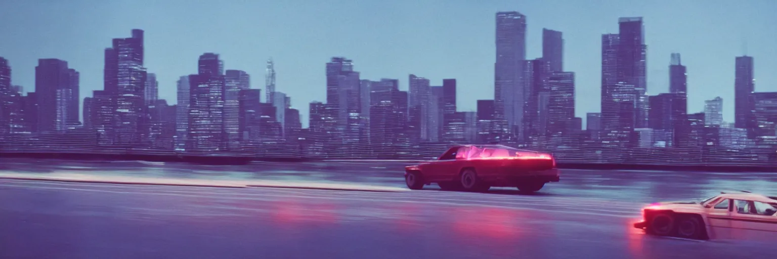 Image similar to 8 0 s neon movie still, portrait of a single car by the river with city in background, medium format color photography, blurred background, movie directed by kar wai wong, hyperrealistic, photorealistic, high definition, highly detailed, tehnicolor, anamorphic lens