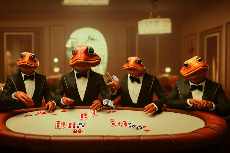 Image similar to hyperrealism simulation highly detailed human turtles'wearing detailed tuxedos and smoking, playing poker in surreal scene from cyberpunk movie from future by wes anderson and denis villeneuve and mike winkelmann rendered in blender and octane render