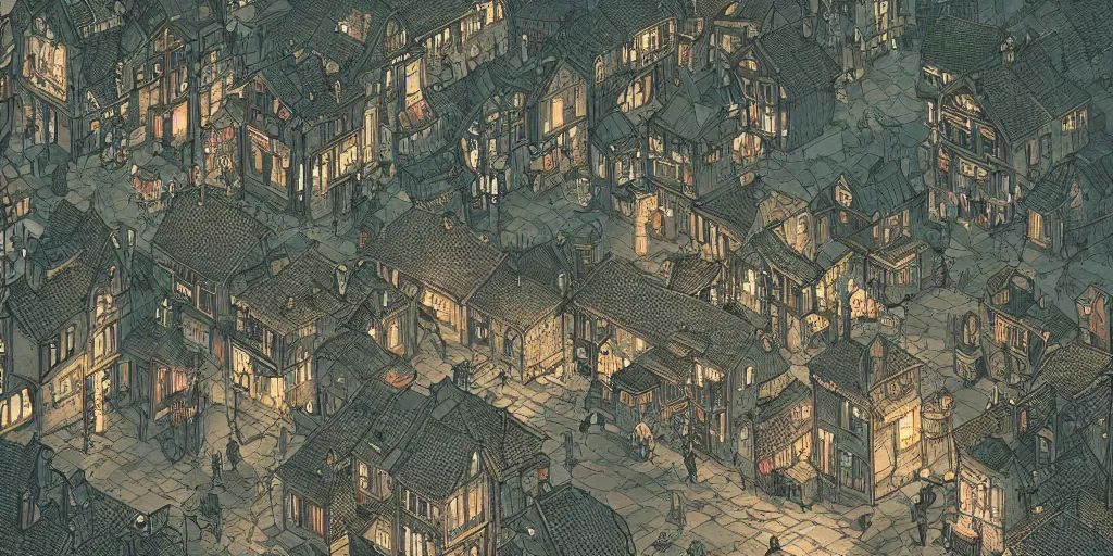 Image similar to isometric view illustration of a medieval village street corner, highly detailed, dark, gritty, at night, glowing lamps scattered around, dreamy lighting, by Victo Ngai