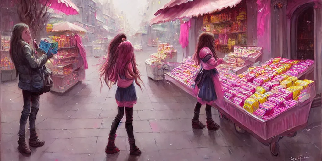 Image similar to happy girl with long hair buying candies, pink colours, greg rutkowski