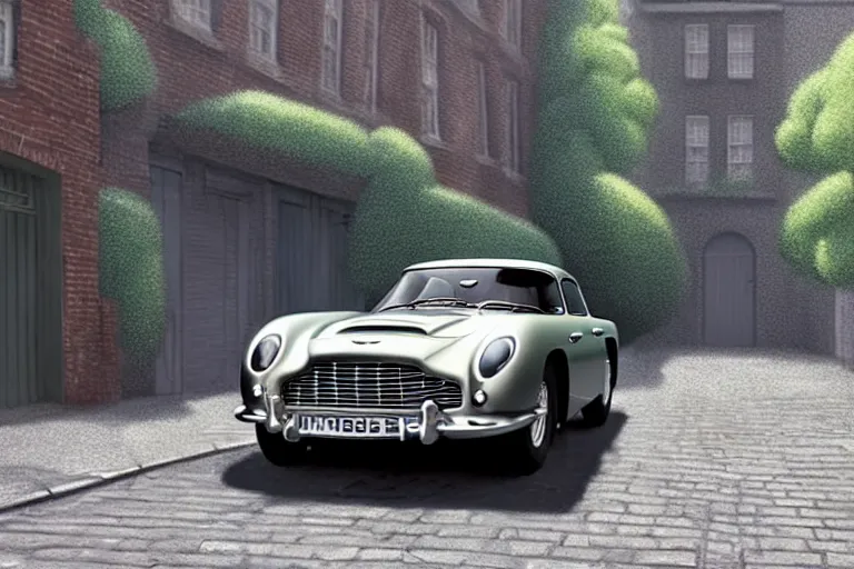 Image similar to a wholesome animation key shot of one short - wheelbase aston martin db 5, in a rich london mews residential street, waist height, medium range, studio ghibli, ( pixar ) and disney animation, sharp, very detailed, unreal engine 5 render, bloom, high resolution, anime key art by greg rutkowski