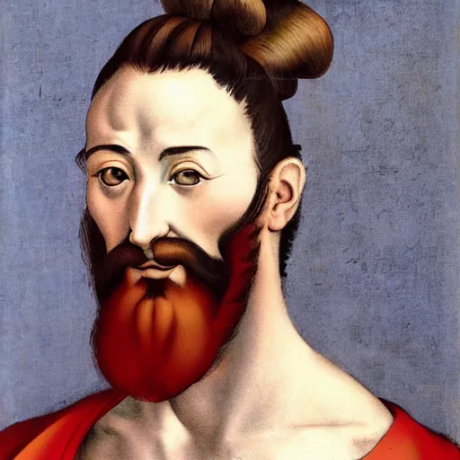 Image similar to portrait painting of surprising Michelangelo di Lodovico with topknot in the style of japanese cartoon