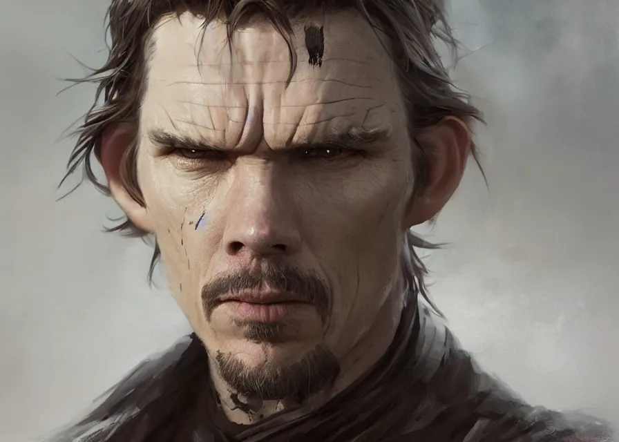 Image similar to painting portrait of Ethan Hawke dressed as lord in Star Wars, sharp focus, waist up, trending on ArtStation, masterpiece, by Greg Rutkowski, by Ross Tran, by Fenghua Zhong, octane, clear eyes, soft render, clear facial features, oil on canvas, moody lighting, cinematic, professional environment concept art