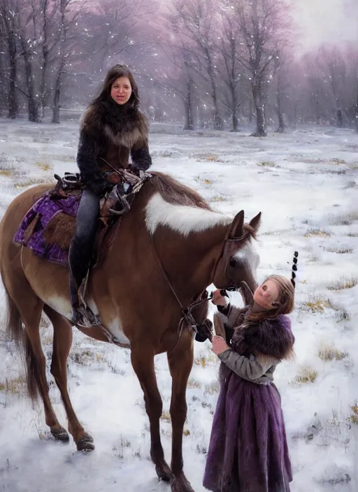 Prompt: portrait of a nordic girl with violet eyes and her horse in a snowy tundra. by Daniel F. Gerhartz, hyperrealistic oil painting, 4k, very detailed faces, studio lightning