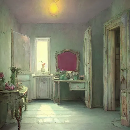 Image similar to beautiful digital matte painting of a whimsical botanical shabby chic dressing room by greg rutkowski and edward hopper, artstation, behance hd - h 7 6 8