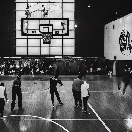 Prompt: a hip hop party on a basketball court in brooklyn, disc jockey, photography, realistic, black and white