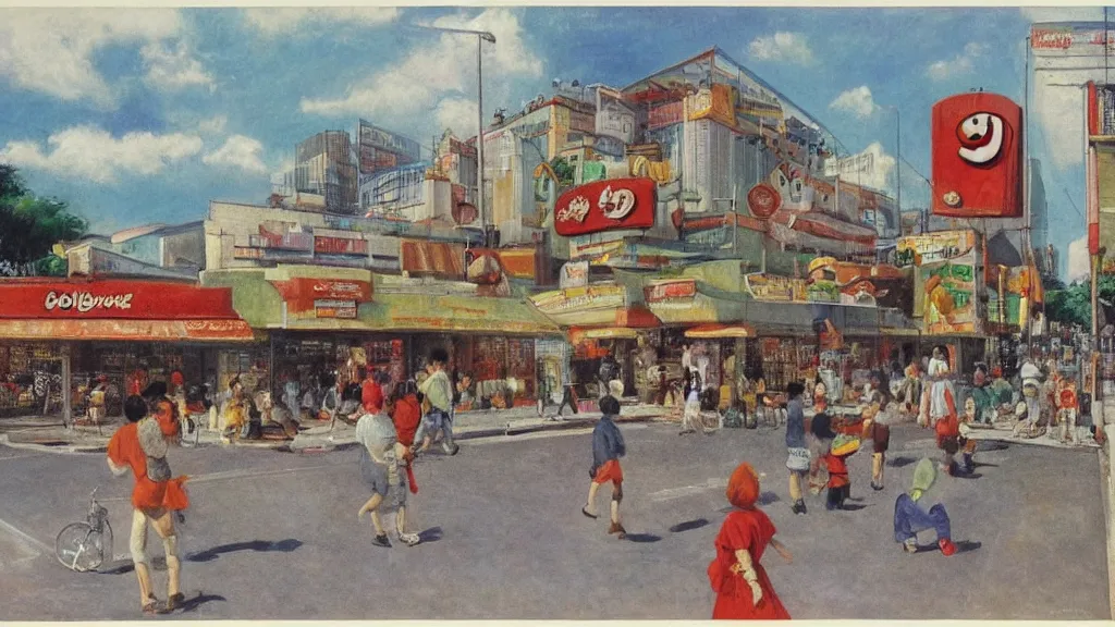 Prompt: Jollibee City, street scene, wide shot, by Moebius, Renoir