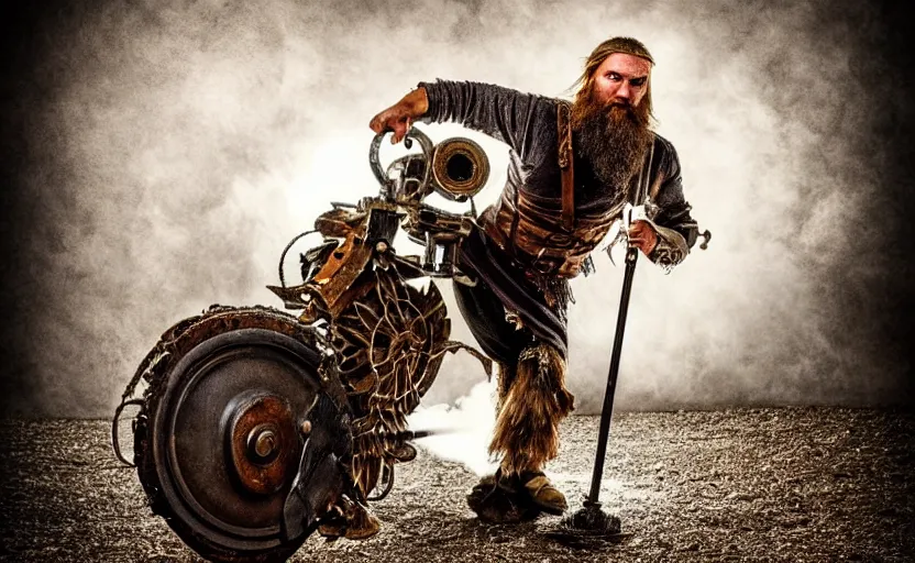 Image similar to old vintage full body photo of ancient viking warrior with full beard riding on the complex steam punk engine with one wheel, extreme sports photography ,super high speed photography, dynamic photography,symmetrical face, clean face, muscular body, high speed,dirt and grawel in air, lens flares, dust partiles in the air, dramatic lighting, intricate, highly detailed, centered, smooth, sharp focus, sports photography, old photo, black and white, sepia, cinematic lighting, cinematic angle, national geographic