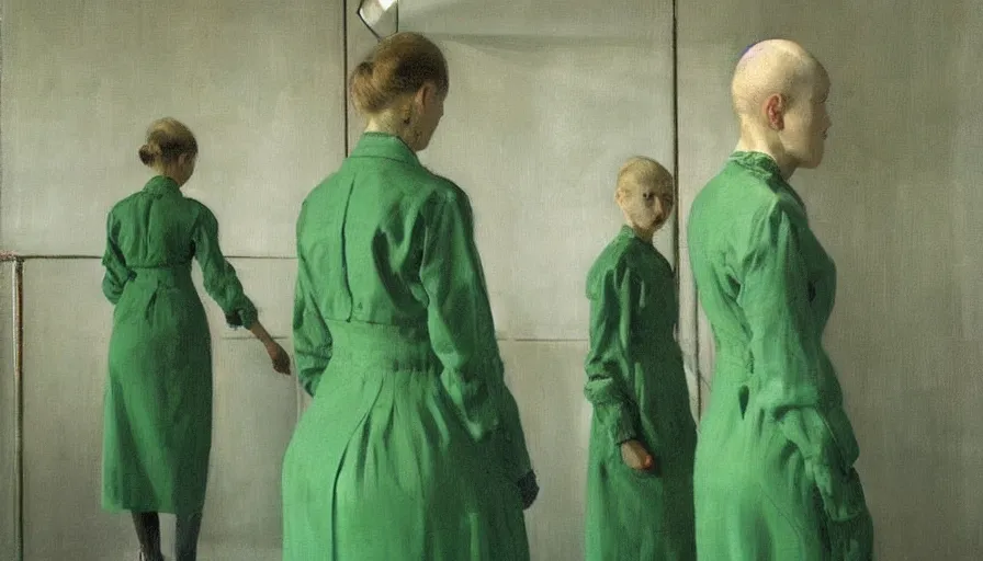 Image similar to painting by borremans, queen in light green hall with mirrors on the walls, detailed, stunning