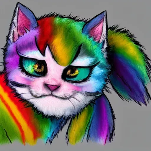 Image similar to wide angle full body, of a fluffy cute rainbow kitten wearing a black motorcycle jacket, concept art