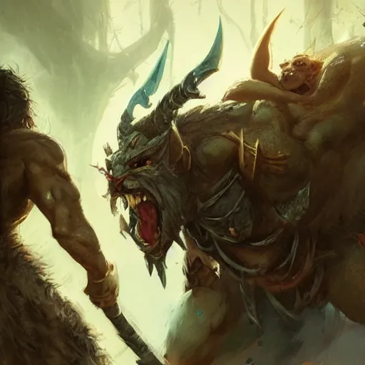 Image similar to an orc, an elf, a troll and a warrior fighting eachother, greg rutkowski
