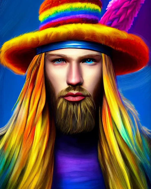 Image similar to colorful painting of a man with long blonde hair and a propeller hat, matte painting, trending on art station, ultra - detailed, hq