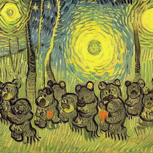 Image similar to painting of a teddy bear parade through a forest at night by Vincent Van Gogh